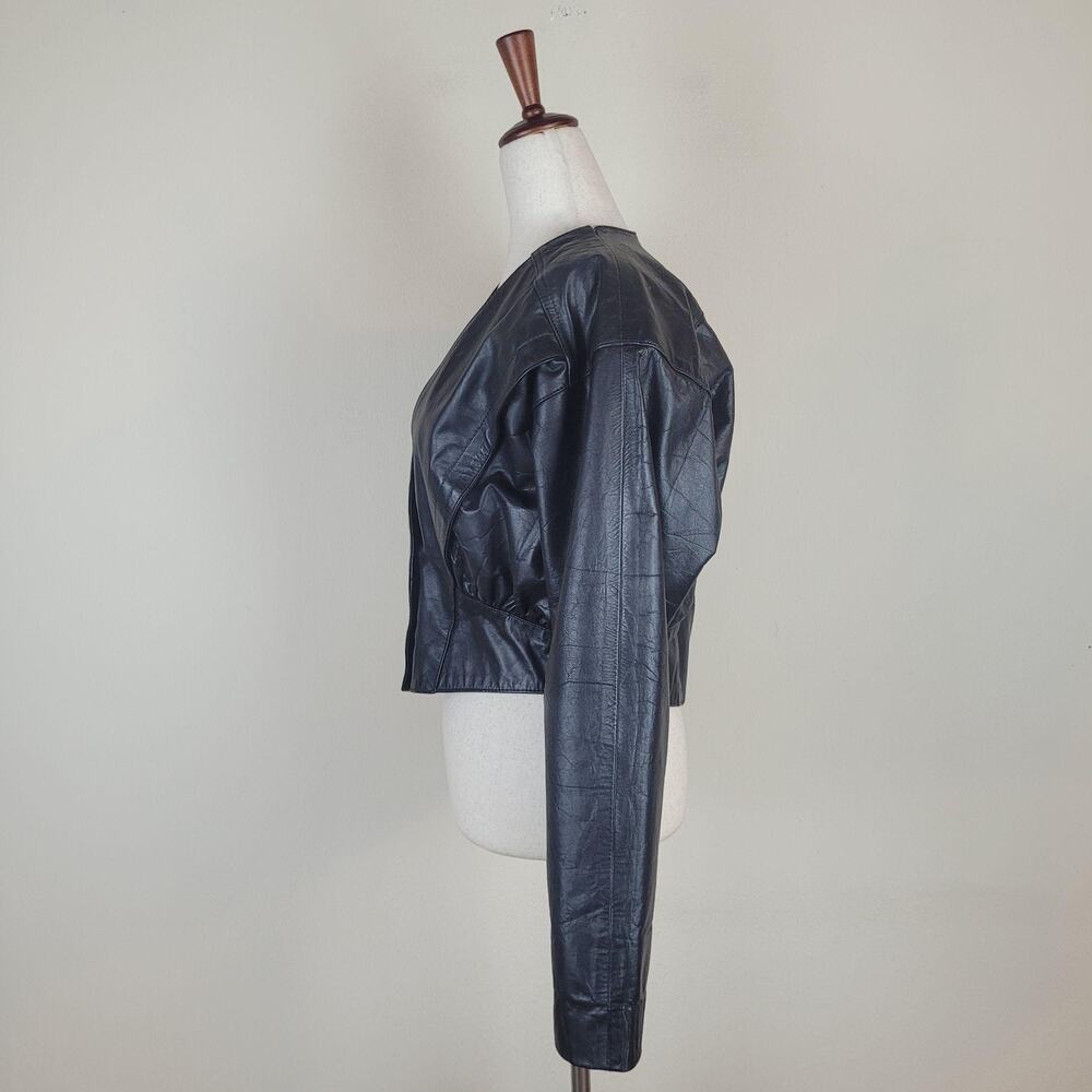 Vintage Black Leather Jacket Med Statement Rocker 80s Cropped Retro Edgy Biker - Picture 4 of 8